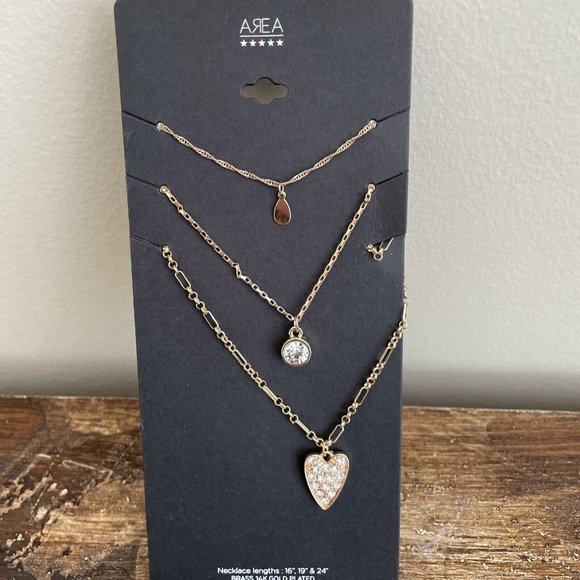 NEW Area Stars Multi Layer Necklaces Heart Tear Drop ETC Layering Gold Tone, NEW - Picture 2 of 9